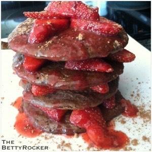 chocolate strawberry protein pancakes Yield: 2 servings You will need: mixing bowl, measuring cups and spoons, skillet, spatula, ladle, whisk 1/4 cup flaxseed meal 1/4 cup almond meal flour 1/4 cup