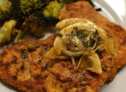 Entrees chicken piccata Yield: 4 servings You will need: measuring cups and spoons, shallow dish, skillet, wooden spoon, knife, cutting board, tongs 1/3 cup almond meal flour 2 T coconut flour 1 lb