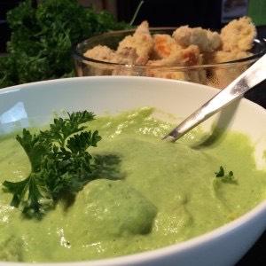 Entrees cream of broccoli soup Yield: 4 servings You will need: measuring cups and spoons, cutting board, knife, a medium pot, blender 1 head of broccoli 1/2 cup hemp seeds 2 cloves garlic 1-2 cups