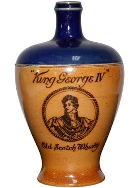 25 H $725 Unusual in shape and style, Doulton Lambeth manufactured this two-tone stoneware bottle for King George IV Scotch Whisky.