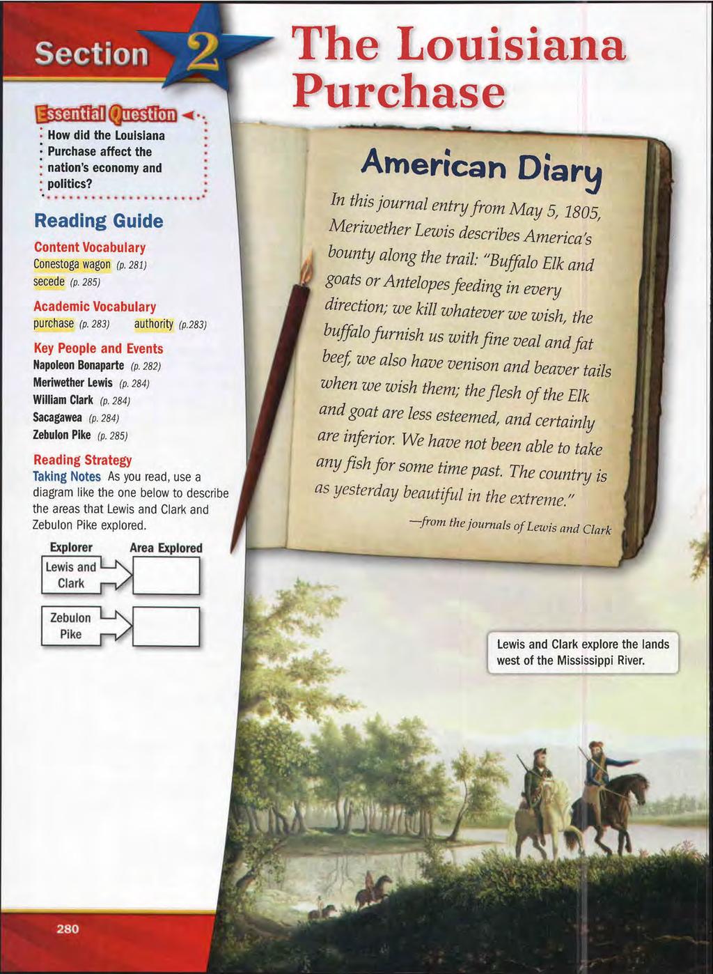 : How did the Louisiana : Purchase affect the : nation's economy and : politics?... Reading Guide Content Vocabulary Conestoga wagon (p. 281) secede (p. 285) Academic Vocabulary purchase (p.