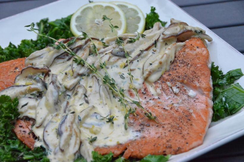 Salmon with a Lemon Mushroom Cream Sauce Serves 3 to 4 1 (1- to 1½-pound) salmon fillet ¼ cup white wine 1 cup heavy cream 3 ounces shiitake mushrooms, stems removed and sliced 1 clove garlic,