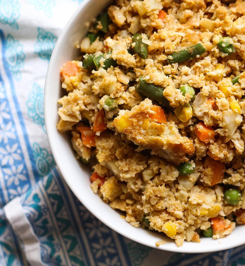 5 -I NG REDIEN T CAUL I F L OWE R F RI E D RICE 10 min 4 servings 1 head cauliflower 1 bag frozen mixed vegetables 3 Eggland s Best Eggs (large), scrambled 2 tablespoons extra virgin olive oil ¼ cup