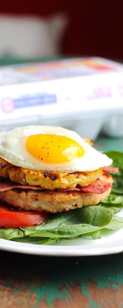 BACON, EGG & PINEAPPLE TURKEY BURGER 5 min 1 serving 1 turkey burger patty 1 slice fresh pineapple 1 slice turkey bacon 1 Eggland s Best Egg (large) BBQ sauce ½ cup greens Preheat your grill while