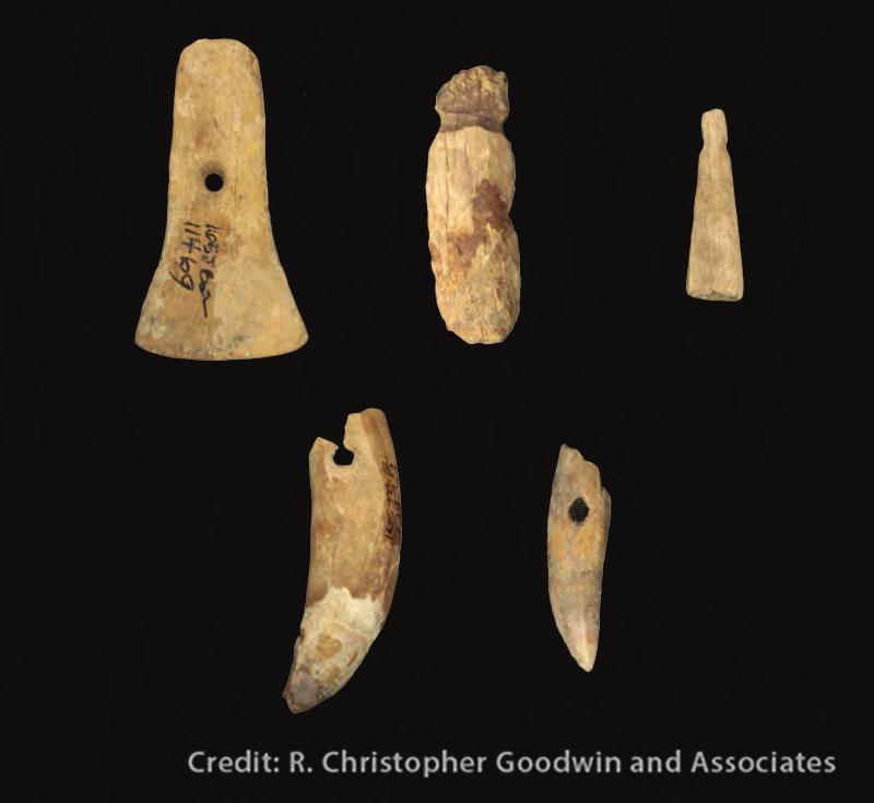 Pendants Archaeologists found pendants at the site, including ones made from bone (top three) and alligator teeth (bottom two).