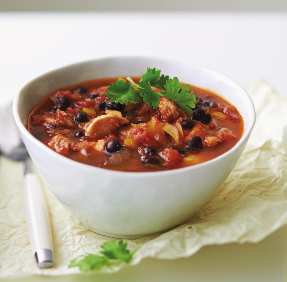 Serves 7 Serving size: 1 cup PREP: 5 COOK: 15 Southwest CHICKEN CHILI 2 medium onions, peeled and quartered 2 garlic cloves, peeled 1 red bell pepper, cored, seeded and quartered 1 yellow bell