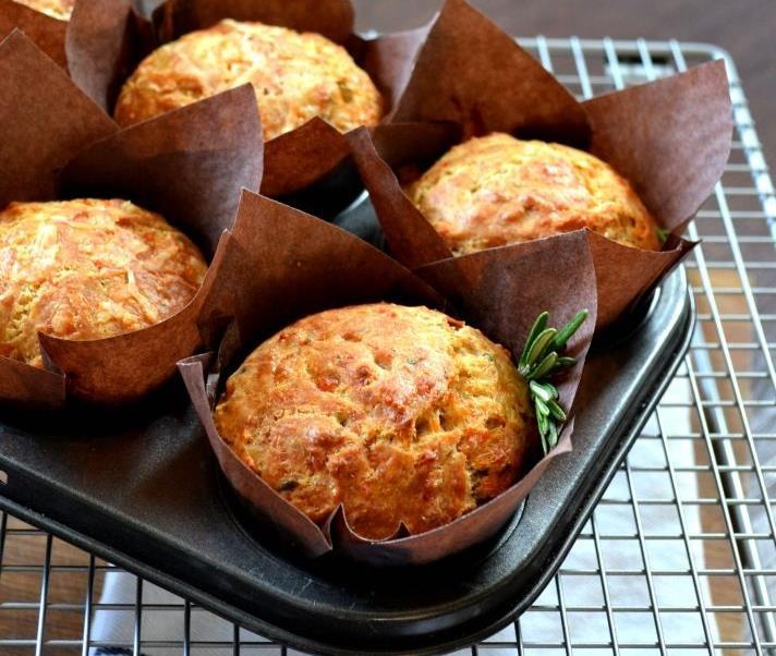 8. Hard Cheese and Garlic Muffins Ingredients: 120gr all-purpose flour 120gr spelt flour 2 teaspoons baking powder 6 cloves garlic 100gr grated cheese (leave a bit aside for the