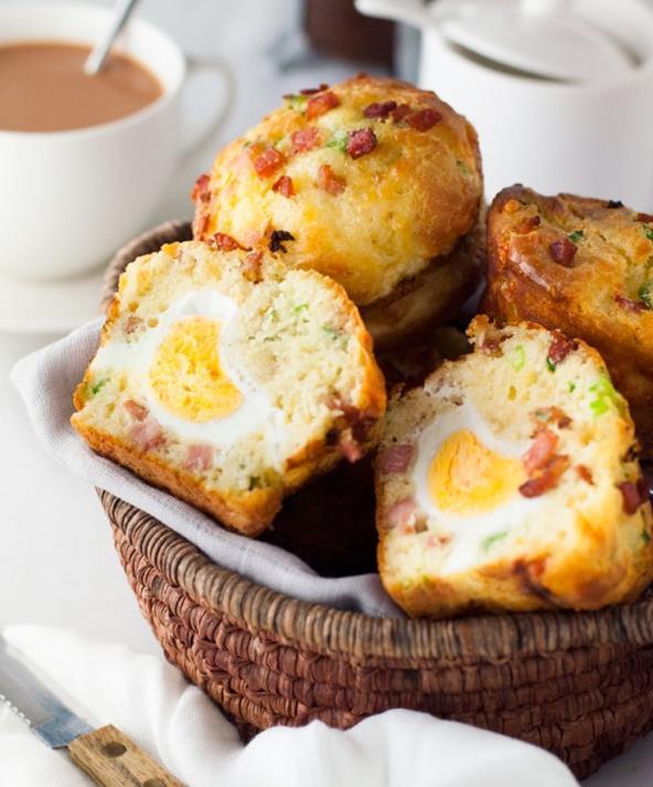 13. Eggs and Bacon Muffin Ingredients (makes 4 large muffins): 1 1/4 cup all-purpose flour 1 teaspoon baking powder 1/4 tablespoon baking soda 0.5 cup milk 0.