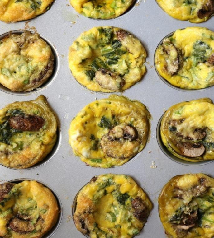 25. Mushroom Muffins Ingredients: 12 eggs 0.5 tsp salt 1 cup thinly-sliced mushrooms 1 cup fresh spinach leaves 1/4 cup thinly sliced spring onions 1.5 cups grated Parmesan Instructions: 1.