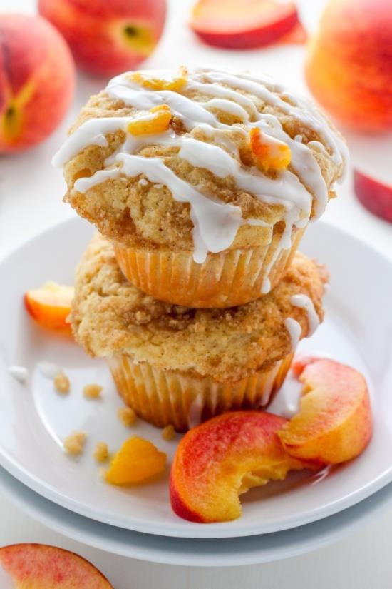 34. Peach Muffins Ingredients: For the muffins: 2 cups + 1 tbsp plain flour; divided 1 tbsp baking powder 1.