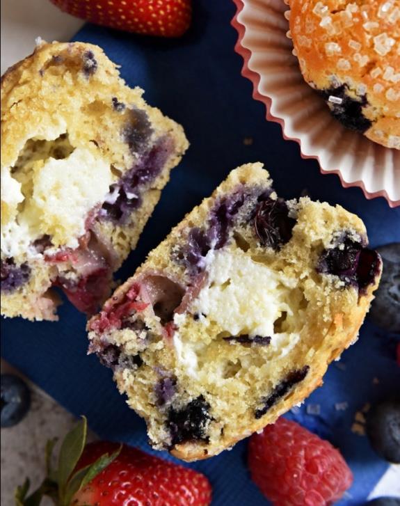 45. Cream Cheese and Berries Muffins Ingredients: 3 cups all-purpose flour 1 cup granulated sugar 1 tbsp baking powder a pinch of salt 0.