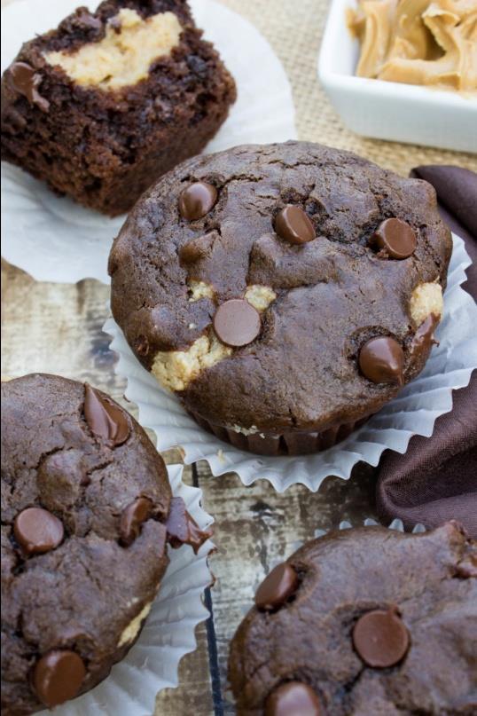 47. Peanut Butter Chocolate Muffins Ingredients: For the filling: 8 ounces softened cream cheese 0.5 cup peanut butter 0.