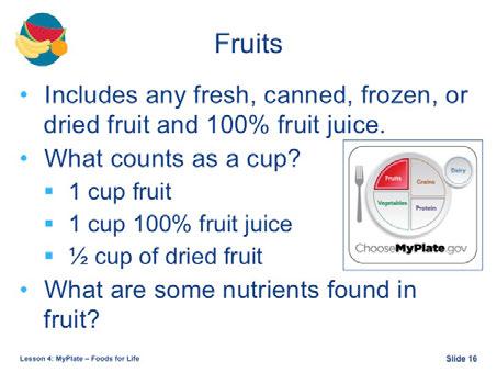 Fruits are any fruit, including fresh, canned, frozen, dried, and juice as long as it s 100% juice.