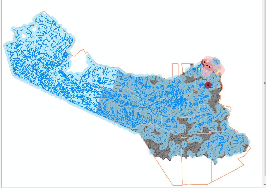 Figure 7: Results of 1200m hydrology buffer Aside from two white wine producers, every other winery lies within a hydrology buffer zone which already indicates that if any leakage occurs at these