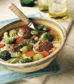 Meatball Soup This simple soup with hearty meatballs is a tasty meal you can enjoy at home or reheated at work. Makes 4 servings.