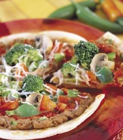 Tortilla Pizzas Chili peppers and taco sauce give this pizza a spicy twist. Makes 6 servings. 1 pizza per serving.
