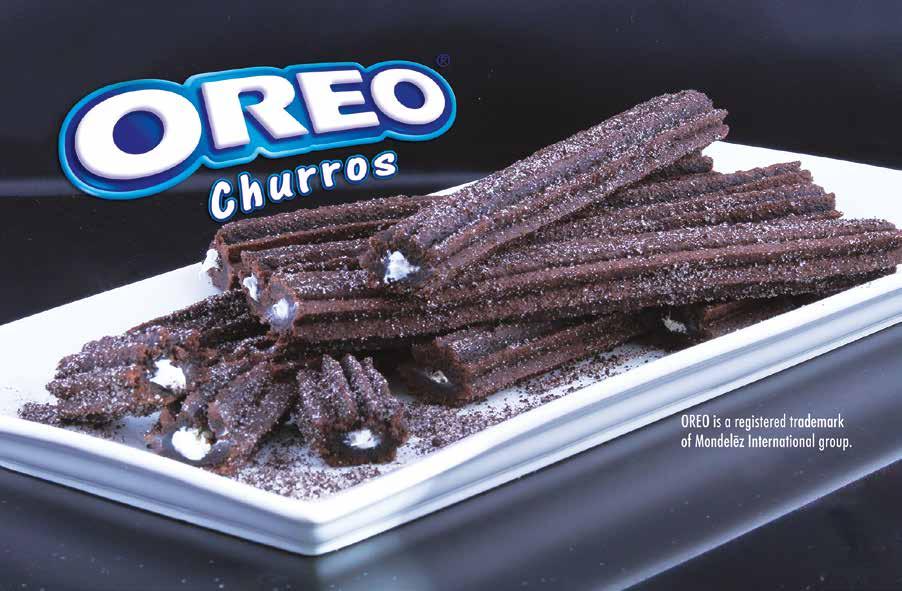 Each box contains 8 large Oreo Churros, 2 Oreo cream dipping cups and a bag of sugar to roll them in.