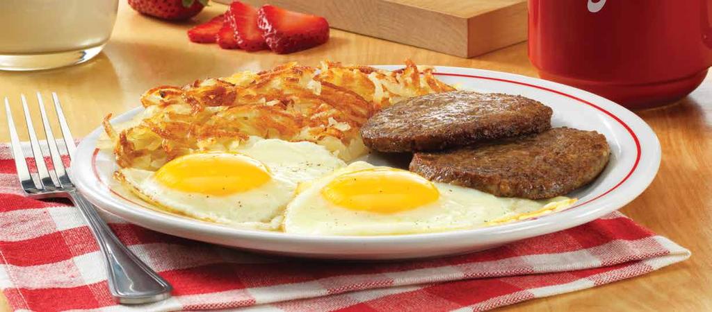 CLASSIC BREAKFAST #1 1 2 3 4 Two eggs* any style, hash browns, toast and jelly with bacon, sausage, ham or turkey sausage. $6.