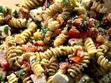 Tomato Feta Pasta Salad 2009, Ina Garten, All Rights Reserved 1/2 pound fusilli (spirals) pasta Kosher salt Good olive oil 1 pound ripe tomatoes, medium-diced 3/4 cup good black olives, such as