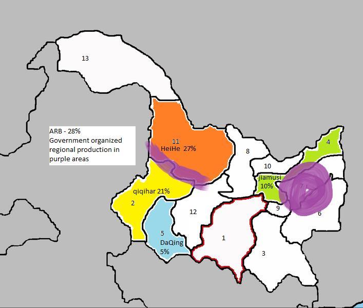 Heilongjiang Dry Bean Production Overview The following diagram of Heilongjiang Province gives an overview of the major production areas. And a rough percentage of beans that come from those regions.