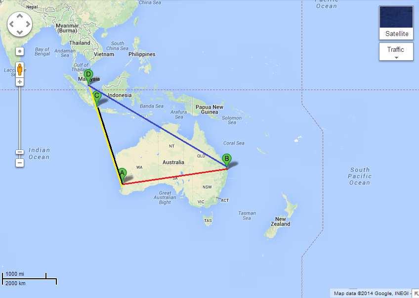 Distance From Perth to Brisbane (B), Jakarta (C), Singapore (D) and Brisbane (B) to Singapore (D) Perth to