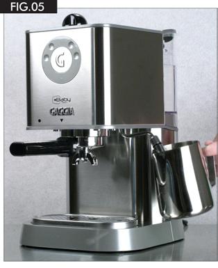 Supplying steam/preparing Cappuccino Immerse the steam wand into the milk to be heated and open the knob (25). Turn the container slowly from downwards to upwards to obtain a smooth foam (FIG. 05). N.