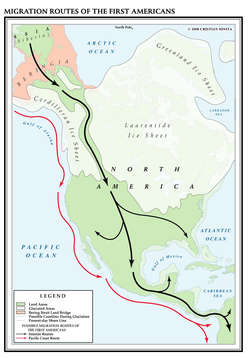 After crossing Beringia (the land bridge), the First Americans migrated south and spread across the Americas.