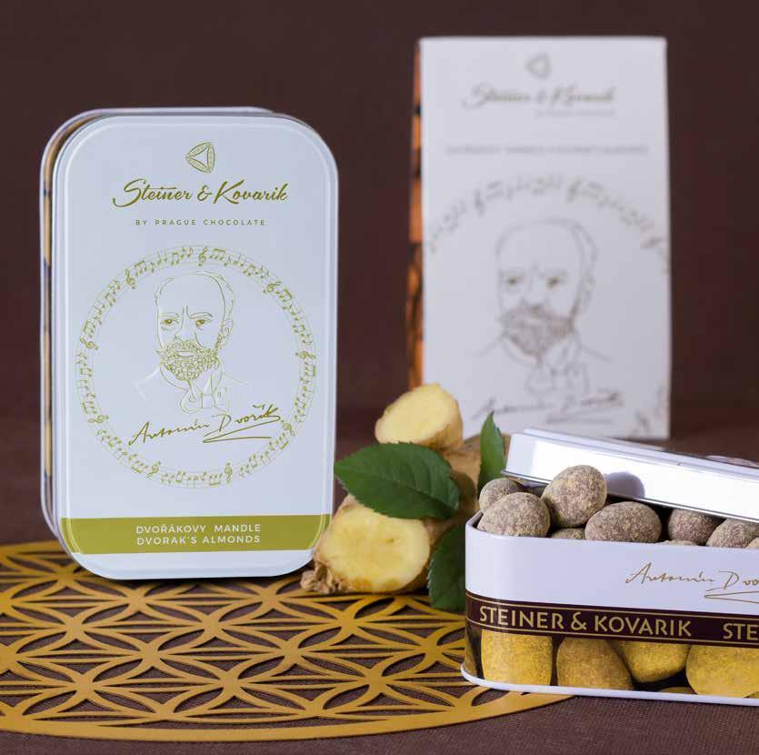ALMONDS IN MILK CHOCOLATE & GINGER Rectangular tin Motive: Antonin Dvorak Milk chocolate, almonds, ginger