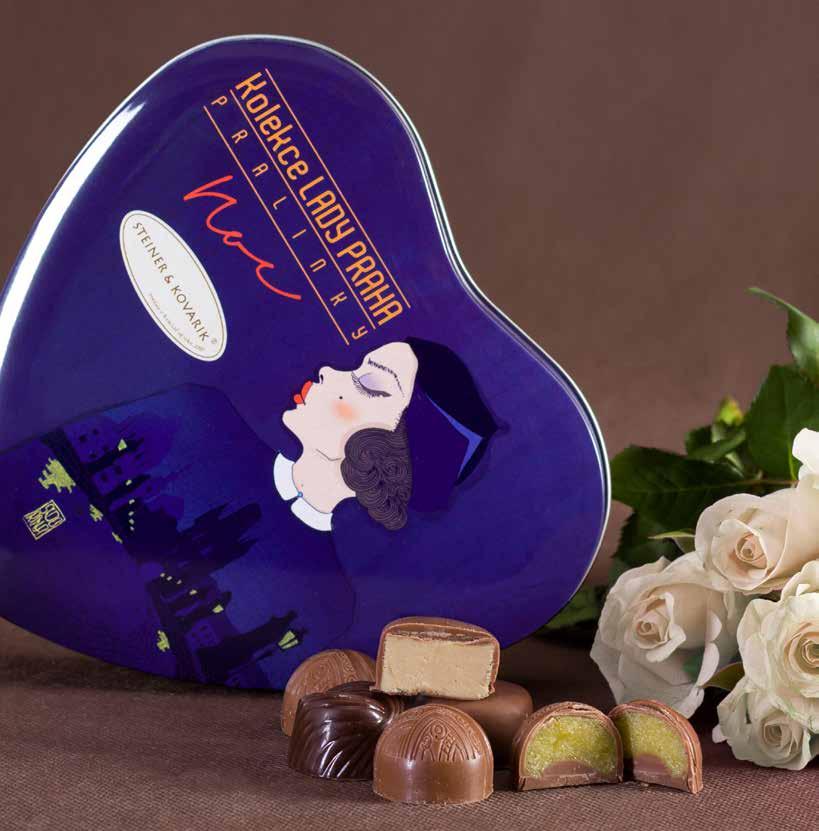 HANDMADE PRALINES Tin box Motive: Lady Praha Milk and Dark chocolate, pistachio marzipane, caramel,