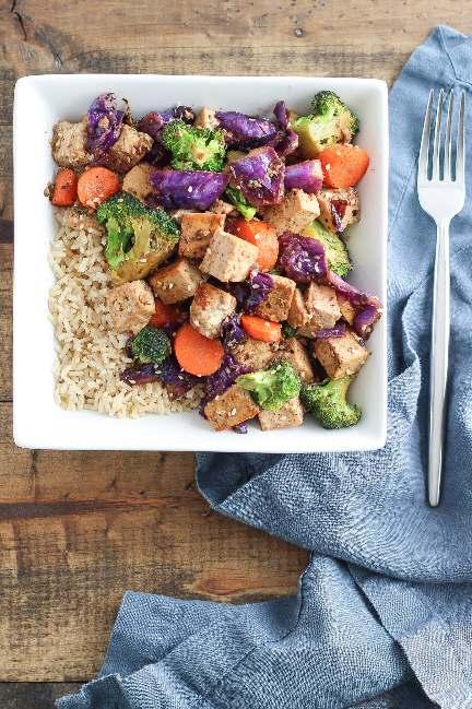 Honey - Ginger Tofu Broccoli Stir Fry 1Serves 2 // 20 minutes Ingredients: Stir-Fry: ¼ cup vegetables broth 1 cup broccoli florets 1 carrot, diced 1 cup chopped purple cabbage 2 cloves minced garlic