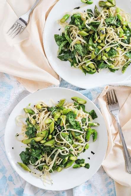 Green Udon Noodle Salad Serves 3-4 // 15 minutes 6Ingredients: 2 bundles dried udon noodles 2 tablespoons toasted sesame oil 2 cups asparagus, thinly sliced on a bias 1 cup frozen shelled edamame 1/4
