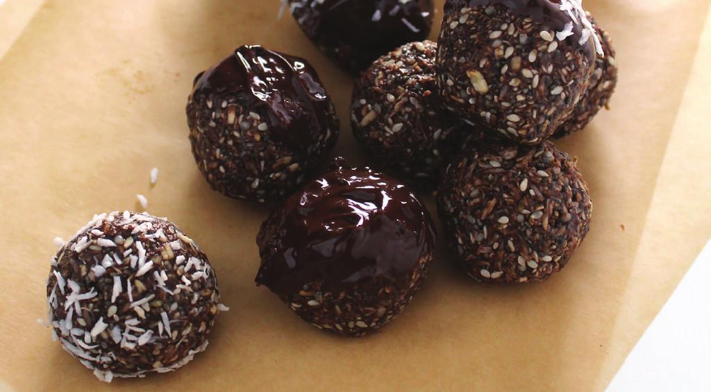 S N A C K S, S M O O T H I E S & J U I C E S COCOA COCONUT ENERGY BITES YIELDS: 18 SERVINGS PREP TIME: 25 MINUTES 1 1/2 cups Rolled Oats 1/4 cup Hemp Seeds 1/4 cup Sesame Seeds 1/4 cup Chia Seeds 1/4