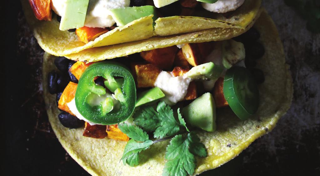 D I N N E R S BLACK BEAN & SWEET POTATO TACOS WITH DAIRY FREE LIME CREMA YIELDS: 4 SERVINGS PREP TIME: 45 MINUTES TACO FILLING 1 large Sweet Potato, peeled and cubed 2 teaspoons Olive Oil 1 can Black