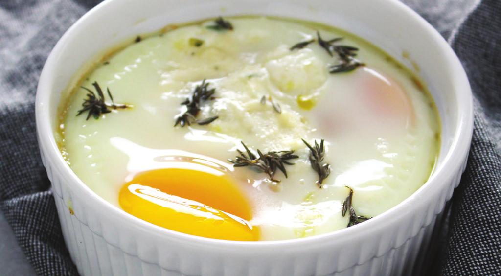 B R E A K F A S T BAKED EGGS WITH RICOTTA & THYME YIELDS: 2 SERVINGS PREP TIME: 30 MINUTES 1 cup Ricotta Cheese (Whole Milk) 2 teaspoons Extra Virgin Olive Oil 1 cup Baby Spinach 1/2 teaspoon Fresh