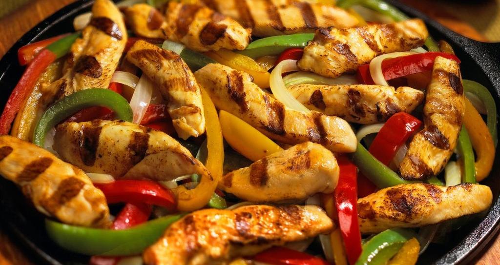 Grilled Seasoned Chicken Fajitas with Bell Peppers and Sweet Onions, Beef or Chicken Enchiladas with Homemade Gravy Includes: