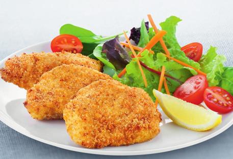 PREPARATION TIME: 10 MIN / COOKING TIME: 12 MIN CHICKEN NUGGETS 400 g of chicken fillets, cut into strips (7 cm long, 4 cm wide) Plain flour 2 eggs (beaten) Breadcrumbs Olive oil + oil sprayer