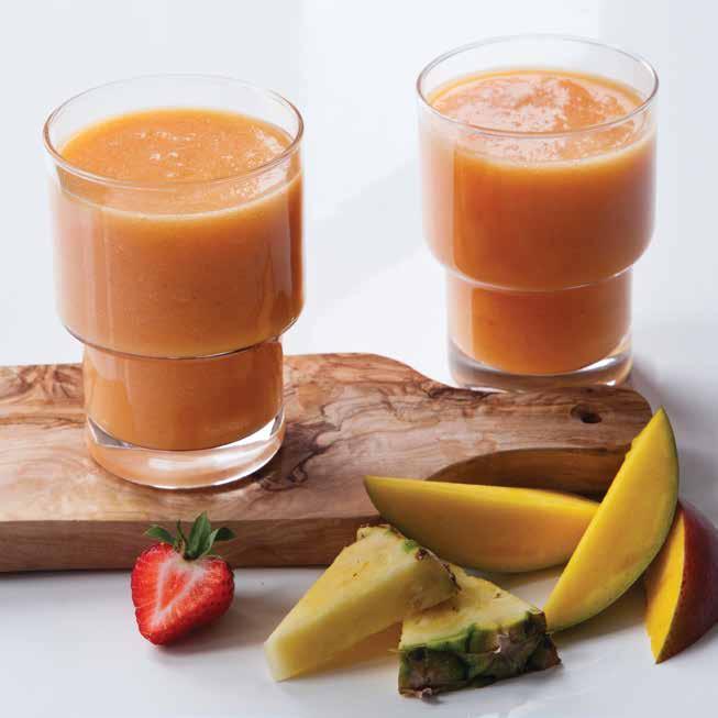 ISLAND SUNRISE SMOOTHIE PREP: 5 MINUTES CONTAINER: PITCHER MAKES: 4 SERVINGS 1 small ripe banana 1 cup pineapple chunks 2 cups