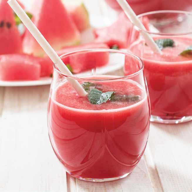 WATERMELON BASIL SANGRIA PREP: 10 MINUTES CONTAINER: PITCHER MAKES: 6 SERVINGS 3 cups watermelon chunks 1 /4 cup fresh basil, stems removed 2 limes, peeled, cut in half, seeds removed 1 /2 cup