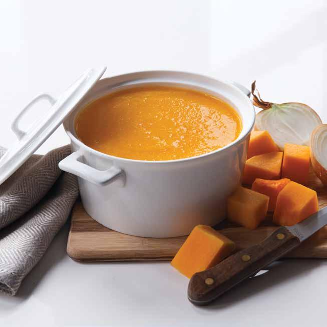 BUTTERNUT SQUASH SOUP PREP: 20 MINUTES COOK: 40 MINUTES CONTAINER: PITCHER ONLY* MAKES: 8 SERVINGS 3 tablespoons olive oil 1 large yellow onion, peeled, chopped 1 cup raw cashews 1 large apple,