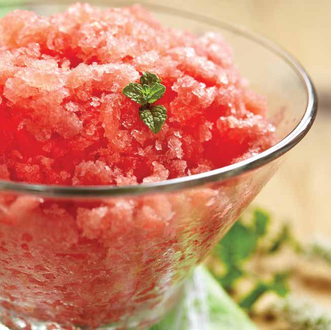 WATERMELON MINT GRANITA PREP: 10 MINUTES FREEZE: 3 4 HOURS CONTAINER: PITCHER MAKES: 2 4 SERVINGS 6 cups watermelon chunks 1 tablespoon lime juice 3 tablespoons agave nectar 6 fresh mint leaves 2