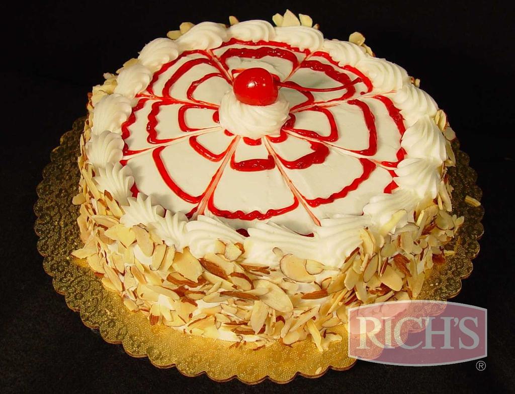 Raspberry Almond Cake Iced With Rich's Bettercreme 22 star Spatula, Pastry Bag Base Iced with Rich's Bettercreme Rich's Bettercreme Raspberry Filling Toasted Sliced Almonds Maraschino Cherry 1) Ice