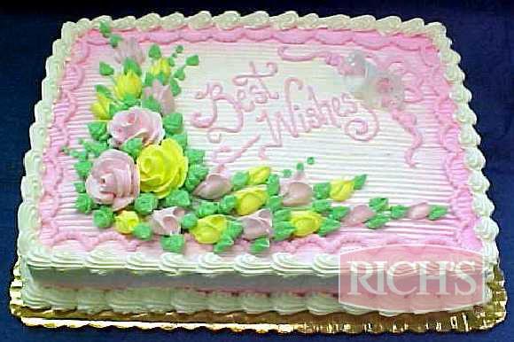 Birthday Wishes Iced With Rich's Bettercreme #104 Rose #352 Leaf #4 Round #21 Star Plastic bells, Airbrush Roses, Birthday, Best Wishes, Congratulations, Anniversary Allen Uniced Sheet Cake Rich's