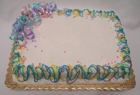 Party Sheet Cake Iced With Allen Buttrcreme EZ Icer #2 Piping #22 Star Pastel Confetti, Lavender, Pink, Blue and Teal Curling Ribbon Winter Birthday Uniced White Sheet Cake Base Iced with Allen