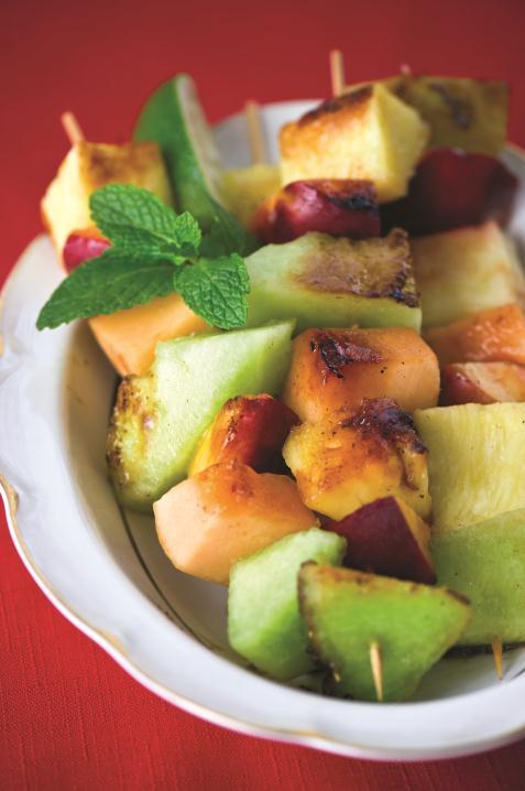 Grilled Fruit Kabobs 8 (6-inch) wooden skewers, soaked in water for 30 minutes 3 tablespoons fresh lime juice 1 teaspoon honey 1/4 teaspoon ground cinnamon 2 large ripe nectarines, pitted and cut