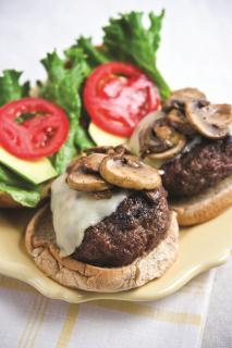 Swiss Mushroom Burgers 1 1/2 pounds ground beef 1/4 cup finely chopped yellow onion (optional) 2 tablespoons Worcestershire sauce Salt and freshly ground black pepper 4 slices Swiss cheese 2