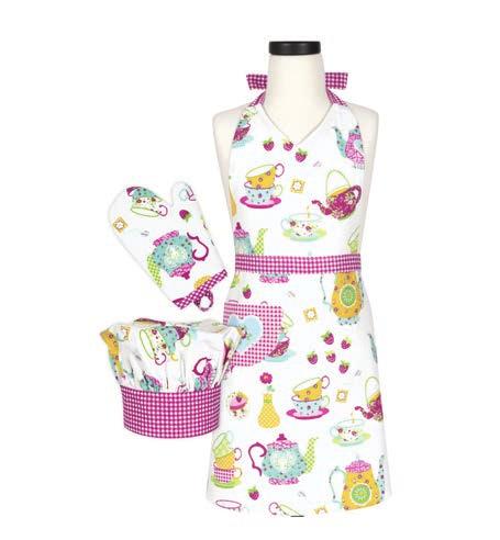 Aprons come with a single tea cup pocket and adjustable waist and neck-ties for the
