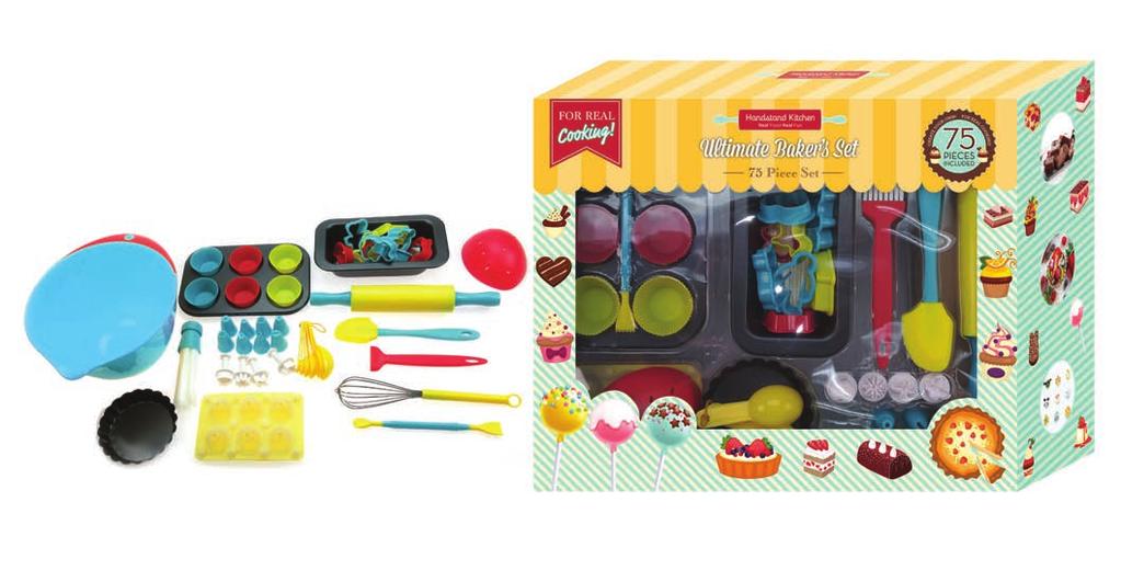 Includes: Silicone Spatula, Brush, Whisk, Rolling Pin, 6 Measuring Spoons, Bowl (Anti-Slip Base), 10 Cookie Cutters, 2 Mini Cake Pop Trays (6 Holes), Mini Stand for Cake