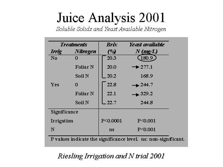 In 2002, we saw similar trends, but more exaggerated than in 2001. Irrigation increased brix by 3 degrees, and berry size by 0.3 g (30%). Cluster number in both plots was similar.