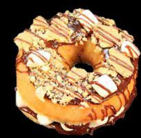 yeast-raised donut is layered with peanut butter and