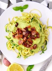 Creamy Avocado Zoodles with Bacon Paleo, low-carb, gluten-free, dairy-free zucchini noodles with crispy bacon in a delicious raw lemon garlic avocado cream a healthy dinner ready in 15 minutes.